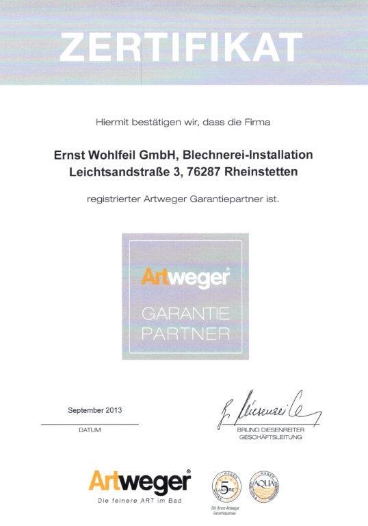 Wohlfeil Teilnahmebescheinigung 09-2013 Artweger Garantie Partner
