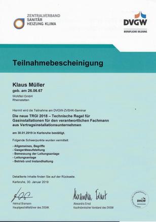 Teilnahmebescheinigung für Klaus Müller