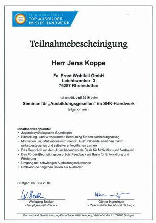 Teilnahmebescheinigung für Jens Koppe