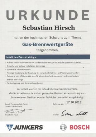 Schulungsurkunde für Sebastian Hirsch