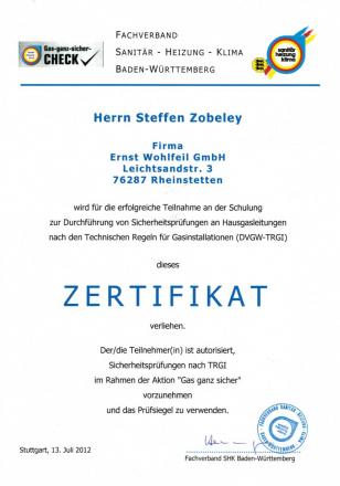 Wohlfeil Zertifikat 13-07-2012 Steffen Zobeley