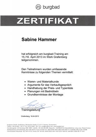 Wohlfeil Zertifikat 16-04-2013 Sabine Hammer