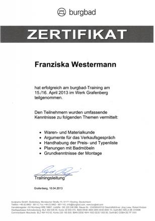 Wohlfeil Zertifikat 16-04-2013 Franziska Westermann
