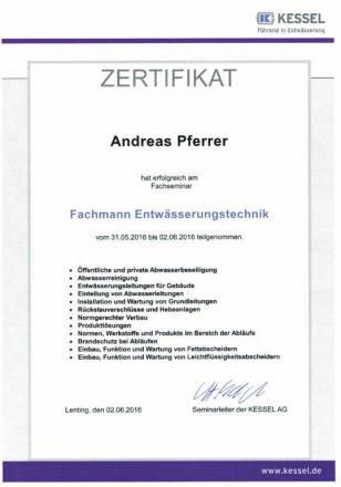 Zertifikat für Andreas Pferrer