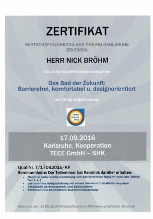 Zertifikat für Nick Bröhm