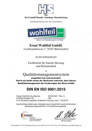 Qualitätsmanagement DIN EN ISO 9001:2015 - zertifiziert - Urkunde